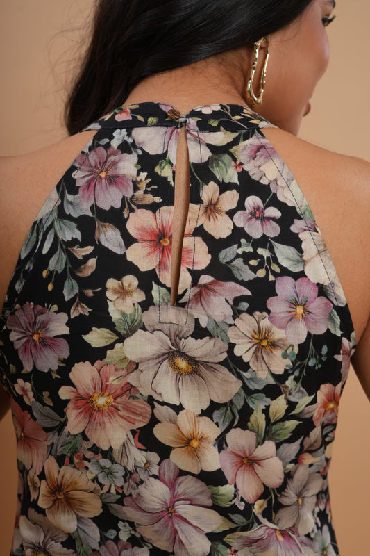 Midnight Bloom Halter Kurti