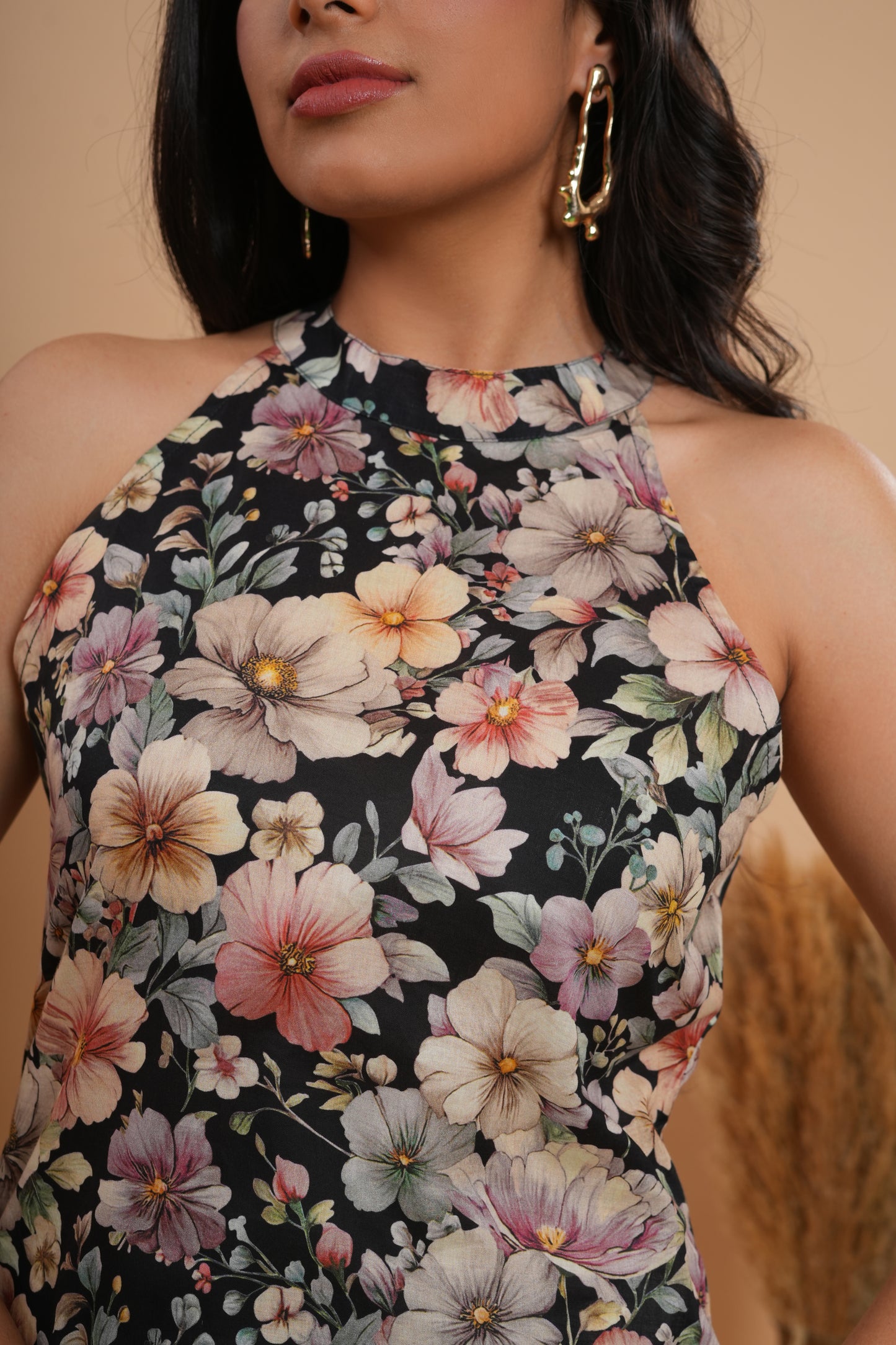 Midnight Bloom Halter Kurti