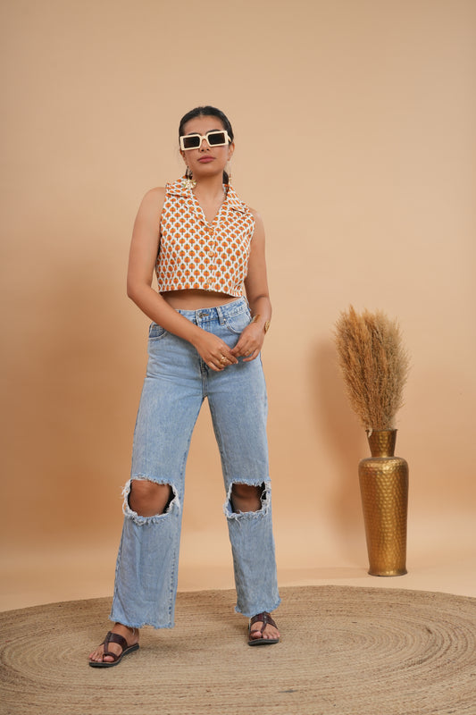 Marigold Maze Collared Crop Top