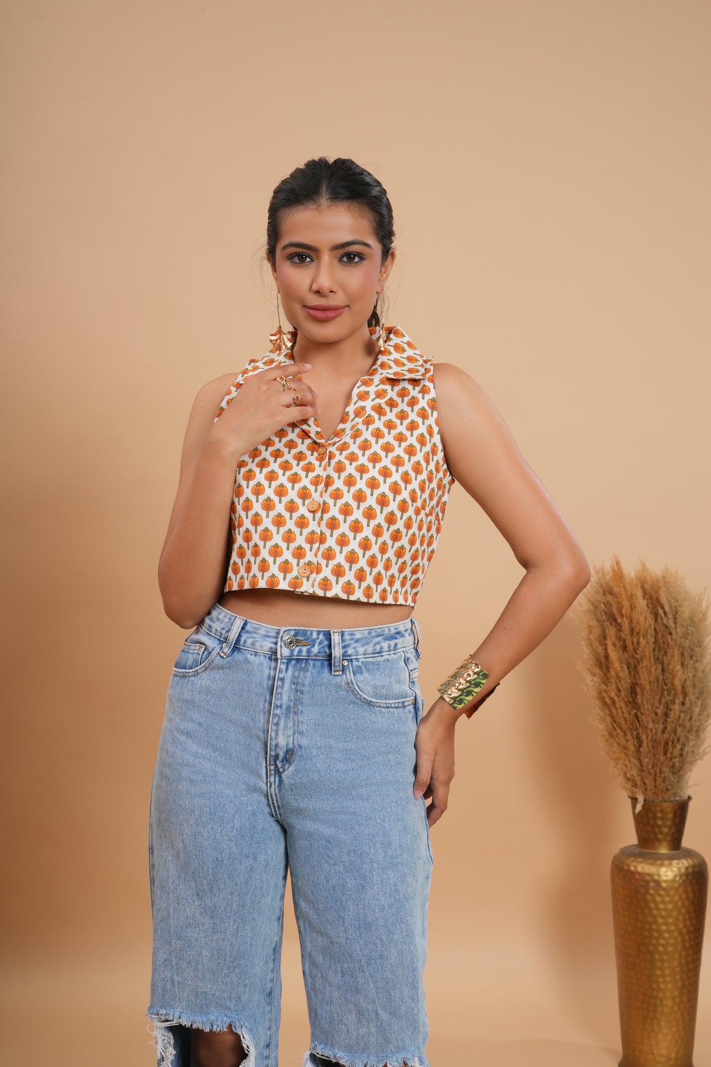 Marigold Maze Collared Crop Top