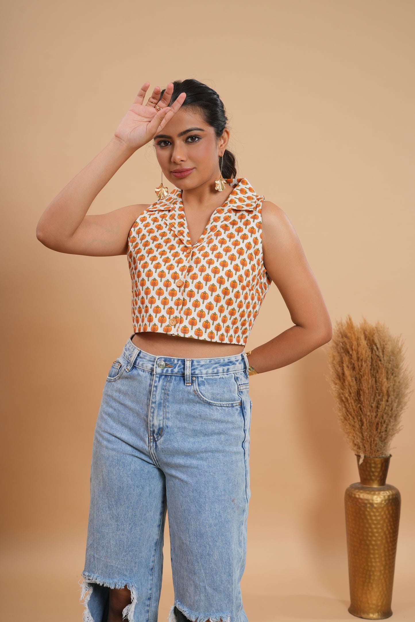 Marigold Maze Collared Crop Top
