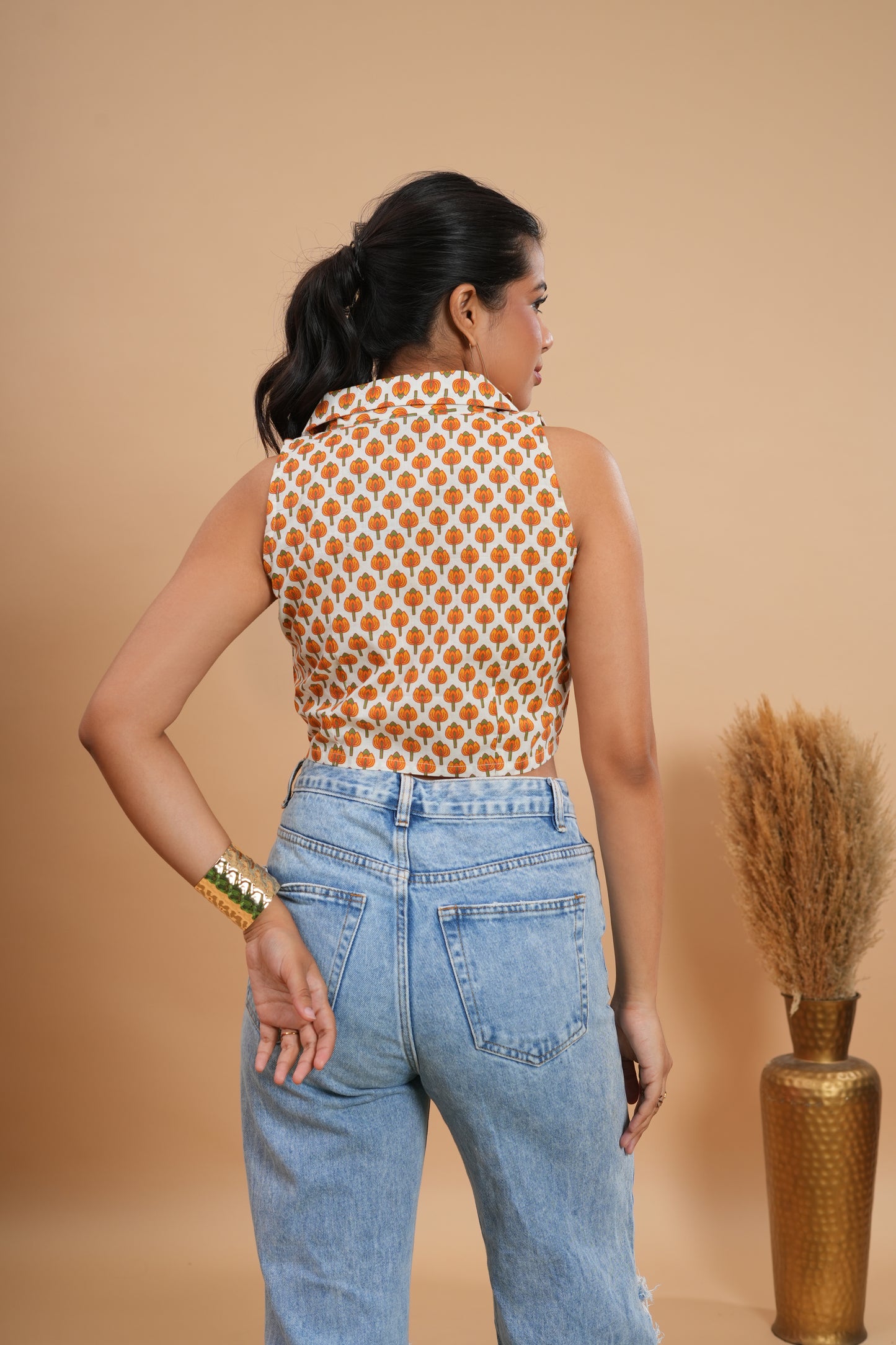 Marigold Maze Collared Crop Top
