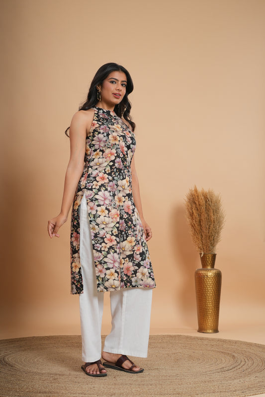 Midnight Bloom Halter Kurti