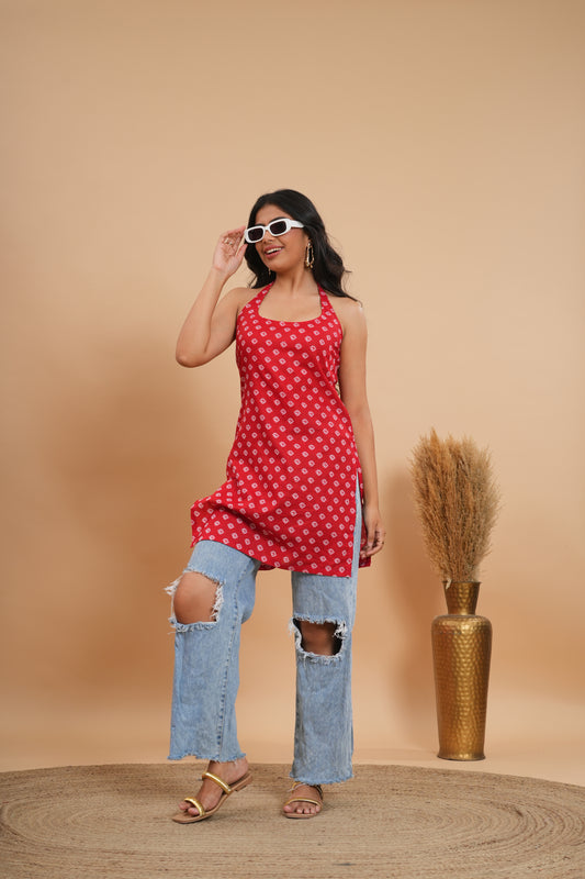 Rani Bandhani Halter Kurti