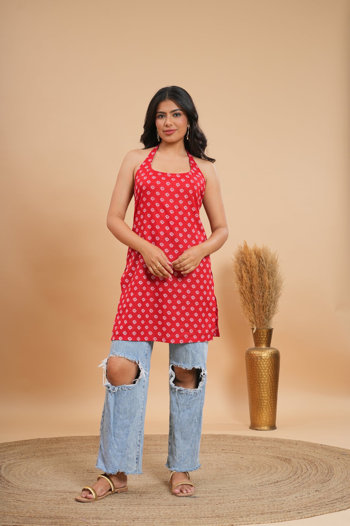 Rani Bandhani Halter Kurti