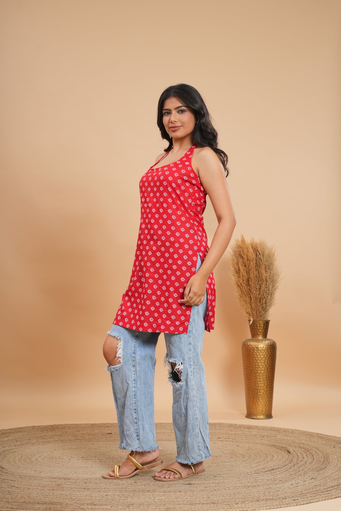 Rani Bandhani Halter Kurti